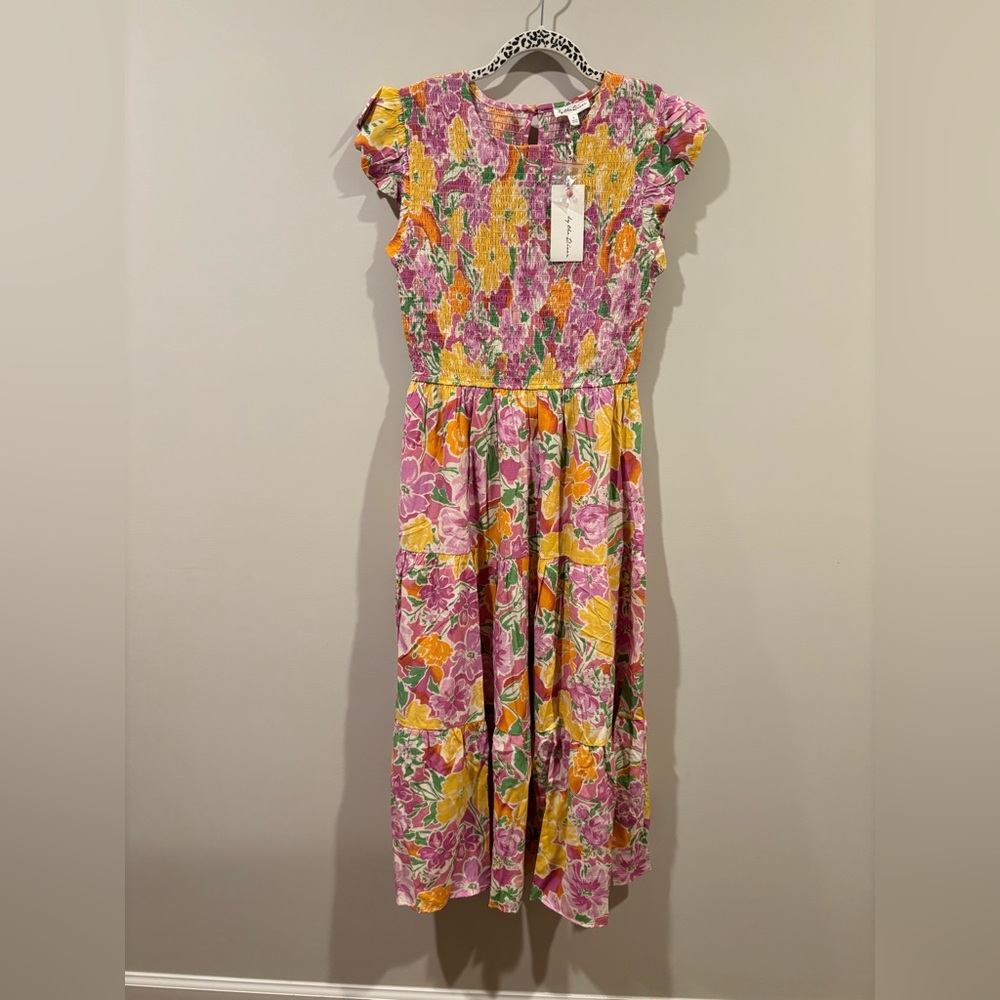 Yellow and Pink Casual Midi Sundress with Crew Neck
